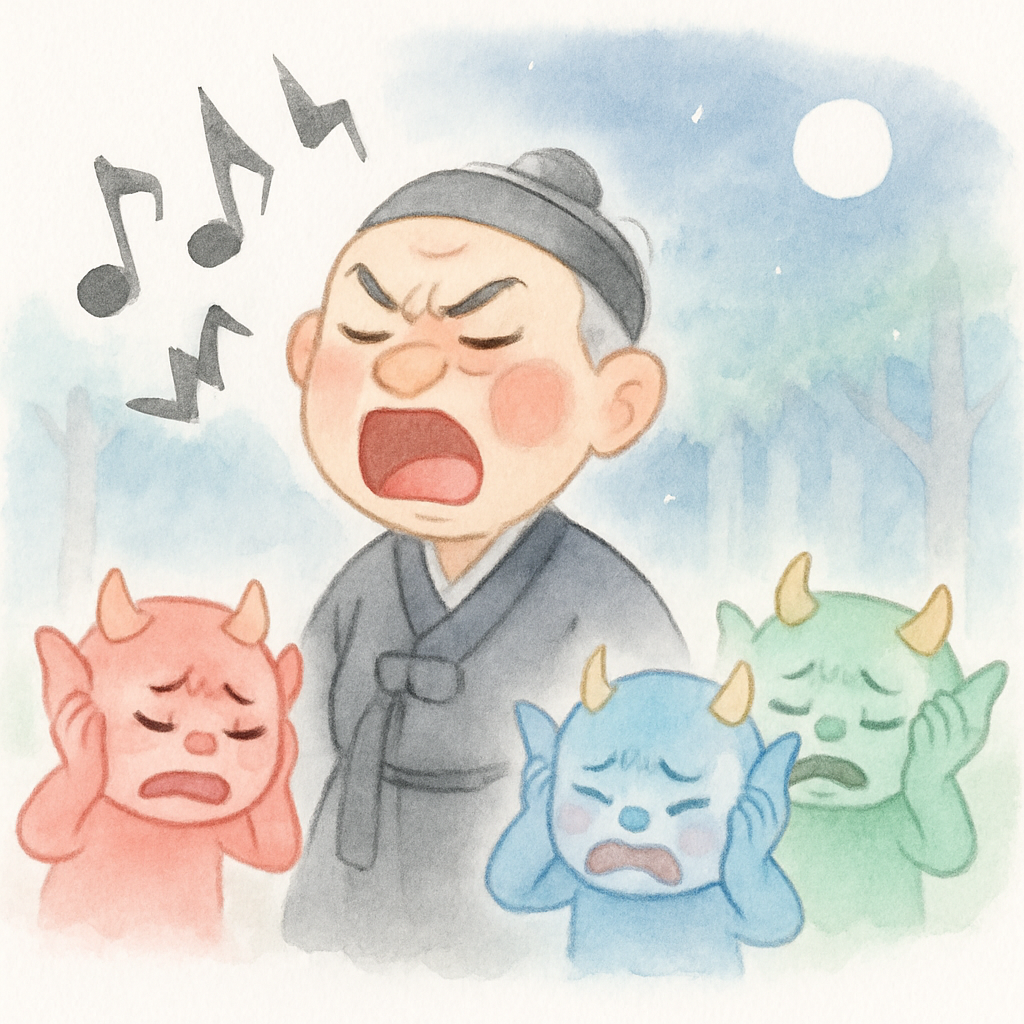 심술쟁이 할아버지가 형편없이 노래하자 귀를 막는 도깨비들