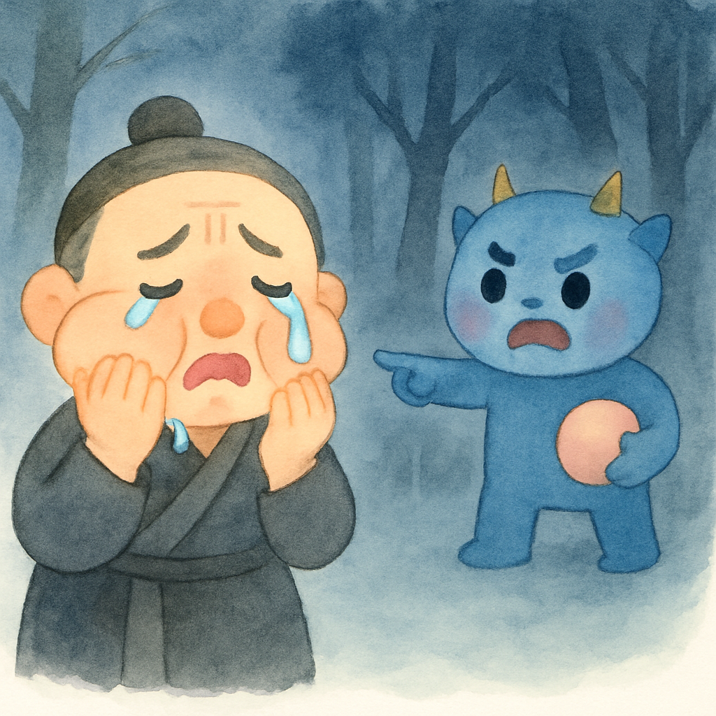 심술쟁이 할아버지의 양쪽 볼에 혹이 두 개 생긴 모습과 우는 장면