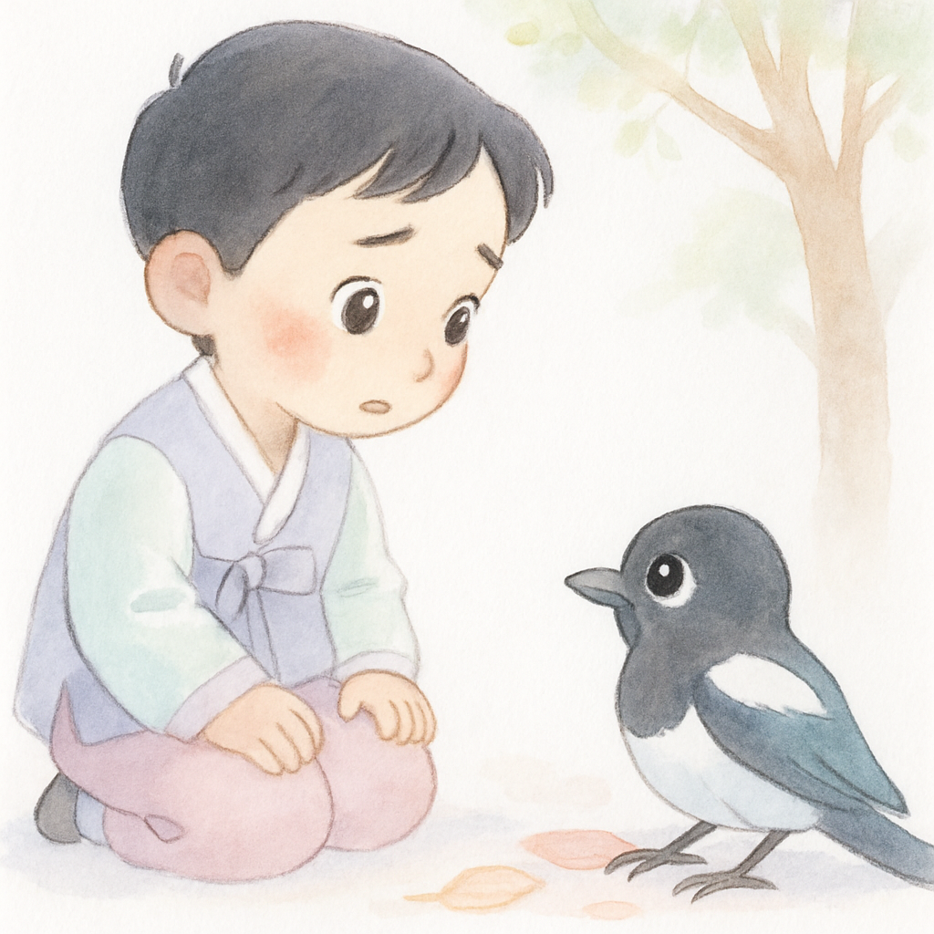 나무 아래에서 다친 까치를 발견한 소년