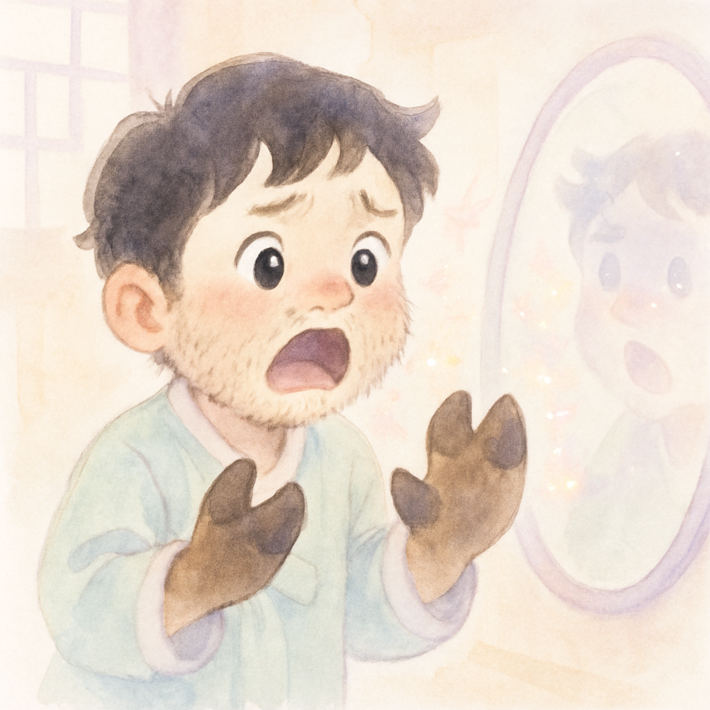 거울을 보며 털이 자라고 손이 발굽으로 변하는 것을 발견한 아이
