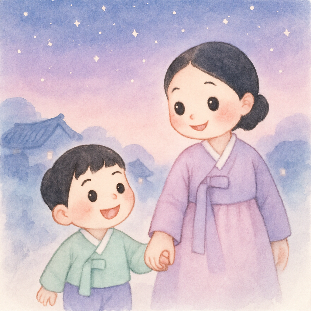 부지런해진 아이가 엄마와 손잡고 별빛 아래 집으로 돌아오는 장면