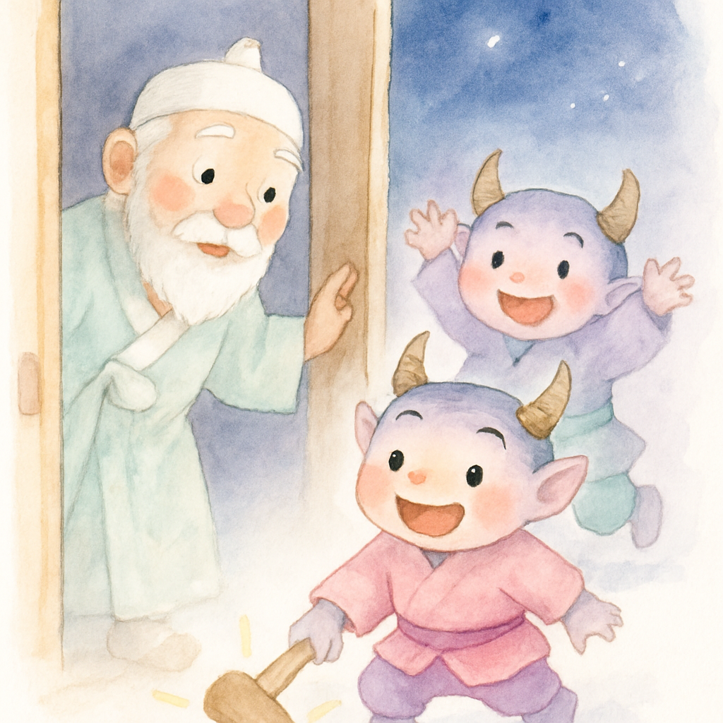 할아버지가 문을 열어 밖을 보니 작은 도깨비들이 방망이를 두드리며 놀고 있는 장면