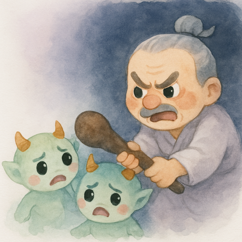 욕심쟁이 할아버지가 도깨비들에게서 방망이를 빼앗는 장면