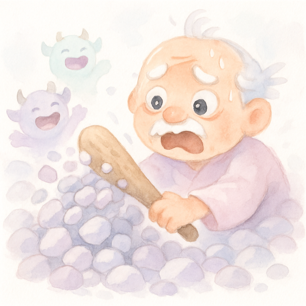 욕심쟁이 할아버지의 방망이에서 돌멩이가 끝없이 쏟아져 나와 방이 가득 차는 장면