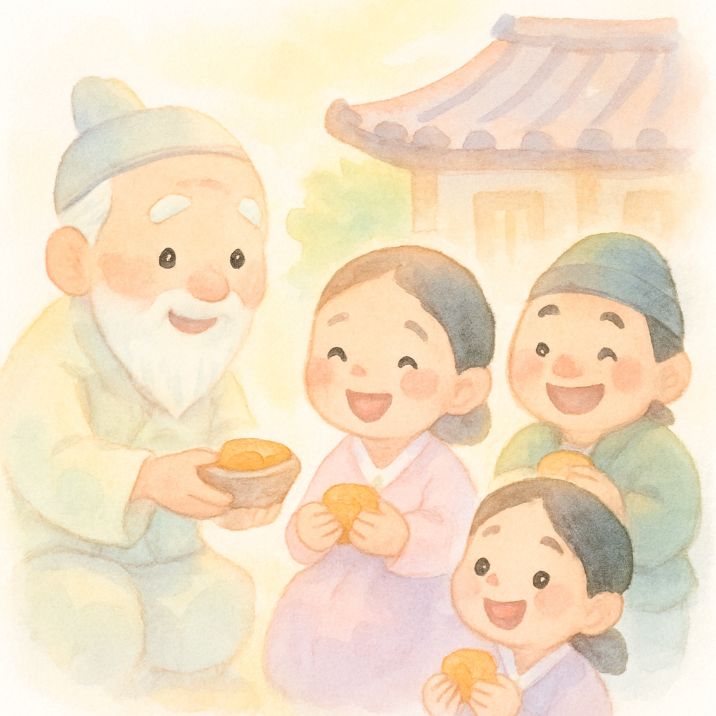 착한 할아버지가 마을 사람들과 음식을 나누며 행복하게 사는 장면