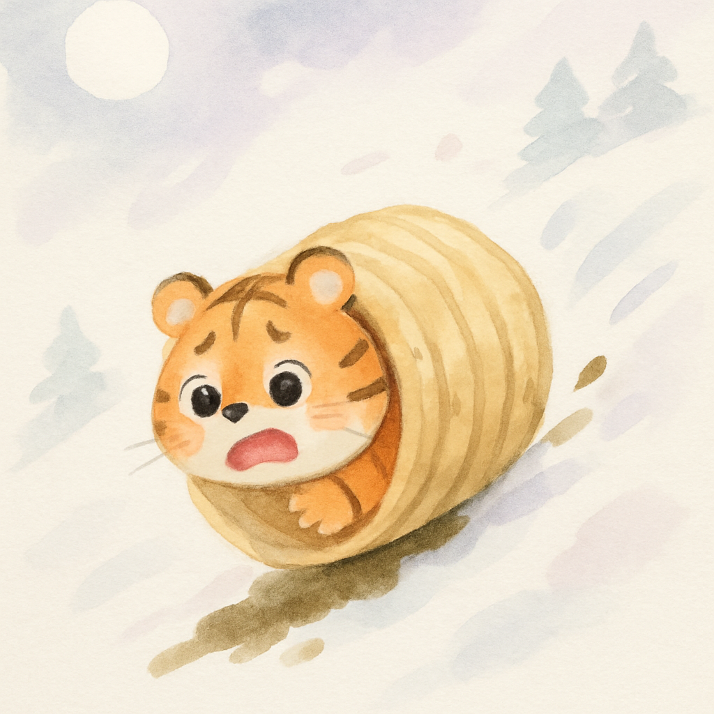 멍석이 호랑이를 둘둘 감고 쇠똥 위에서 호랑이가 미끄러져 산 아래로 굴러가는 장면