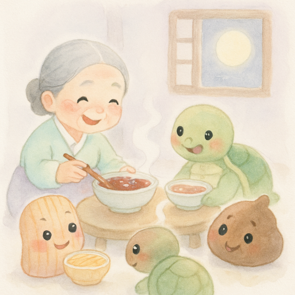 할머니와 친구들(알밤, 자라, 송곳, 멍석, 쇠똥)이 함께 따뜻한 팥죽을 나눠 먹으며 행복해하는 장면