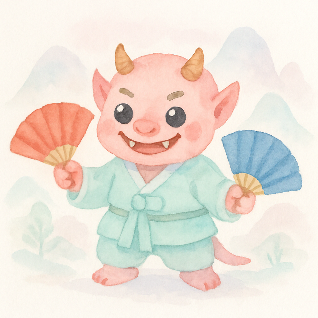 욕심쟁이 도깨비가 빨간 부채와 파란 부채를 들고 있는 장면