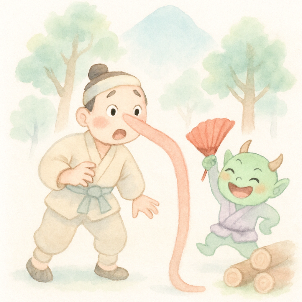 도깨비가 빨간 부채를 부쳐 나무꾼의 코가 길게 자라는 장면