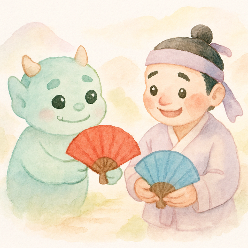 도깨비가 나무꾼에게 두 부채를 선물로 주는 장면