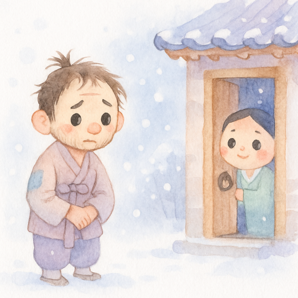추운 겨울날, 가난한 형이 눈 내리는 길을 걸어 부자 동생의 집 문 앞에 서있는 장면