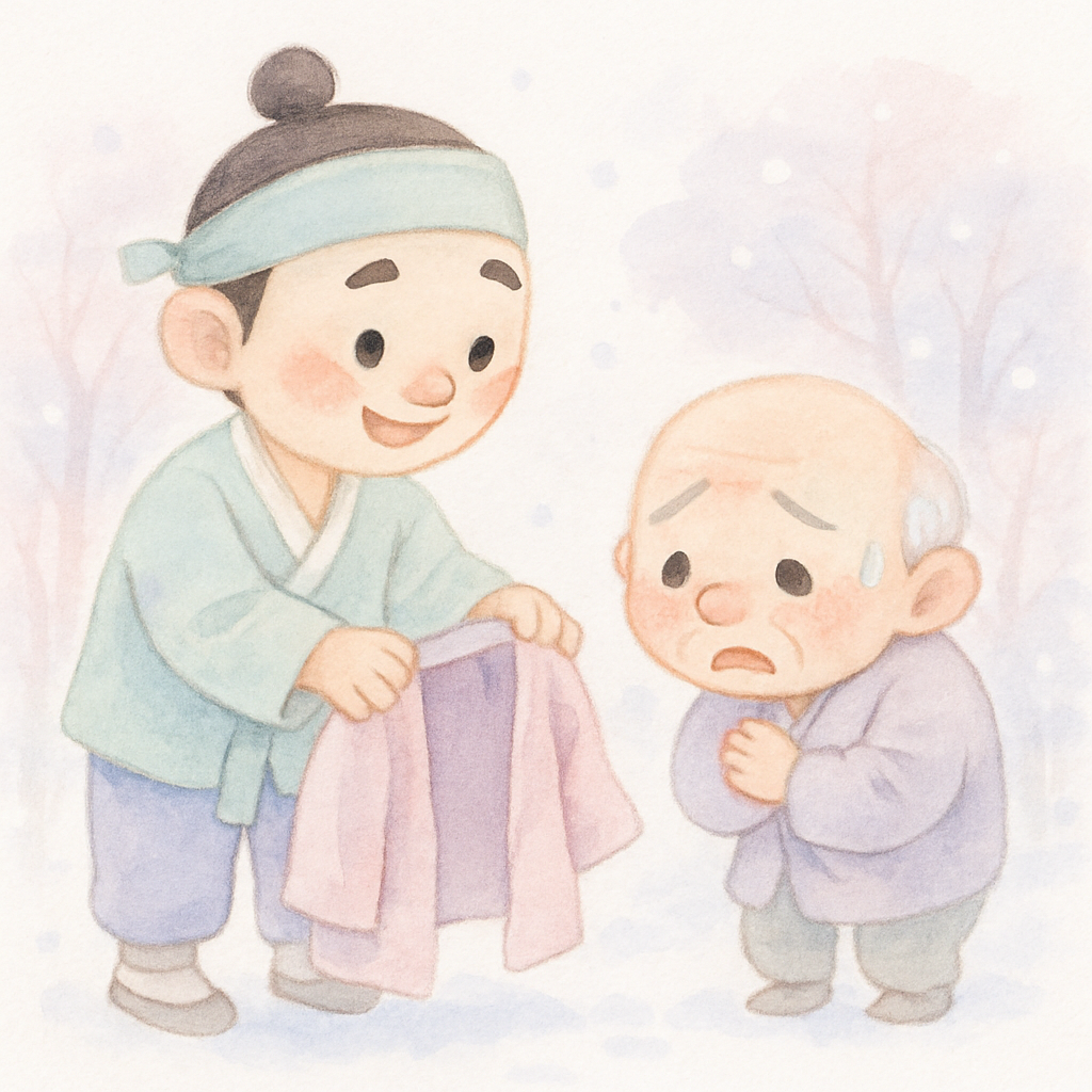 눈 오는 길에서 가난한 형이 떨고 있는 작은 할아버지에게 자신의 외투를 벗어주는 따뜻한 장면