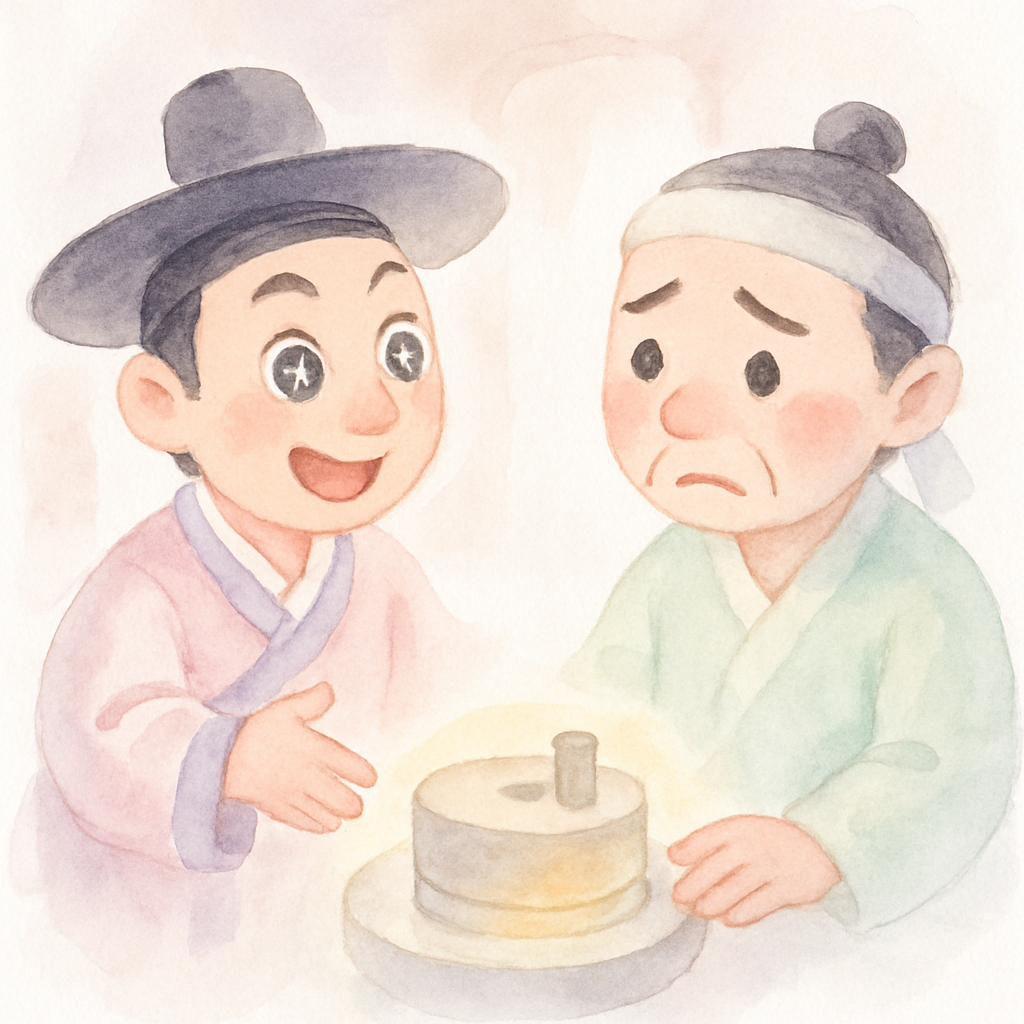 욕심많은 동생이 반짝이는 눈으로 형에게 맷돌을 빌려달라고 하는 장면