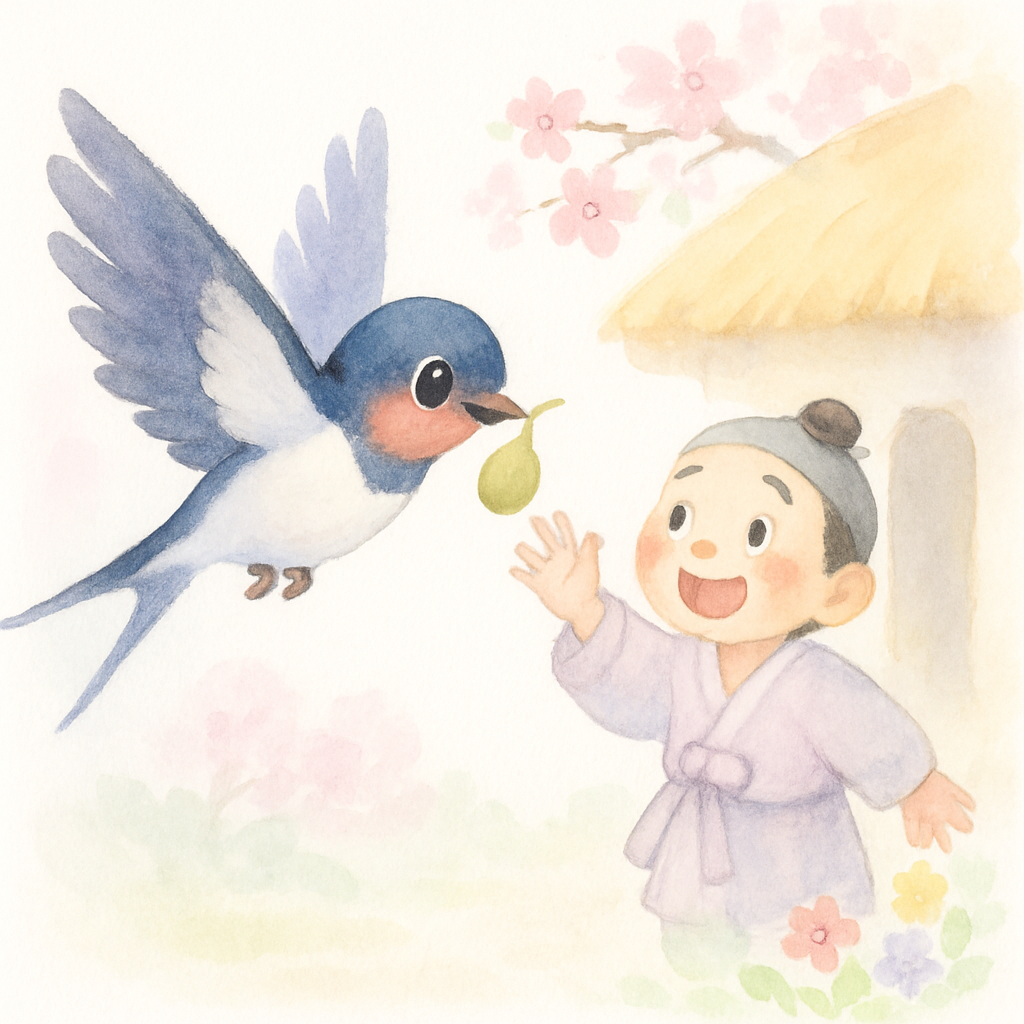 가을에 제비가 박씨를 물고 돌아와 흥부에게 주는 장면