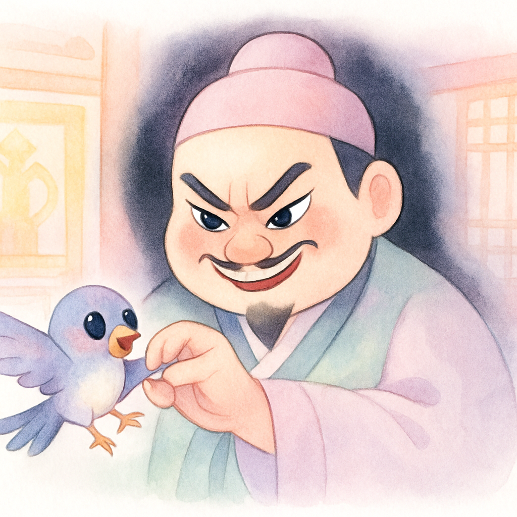 욕심 많은 놀부가 제비 다리를 일부러 다치게 하는 장면