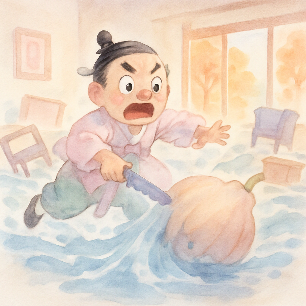 놀부가 박을 자르자 물이 쏟아져 집안이 물바다가 되는 장면