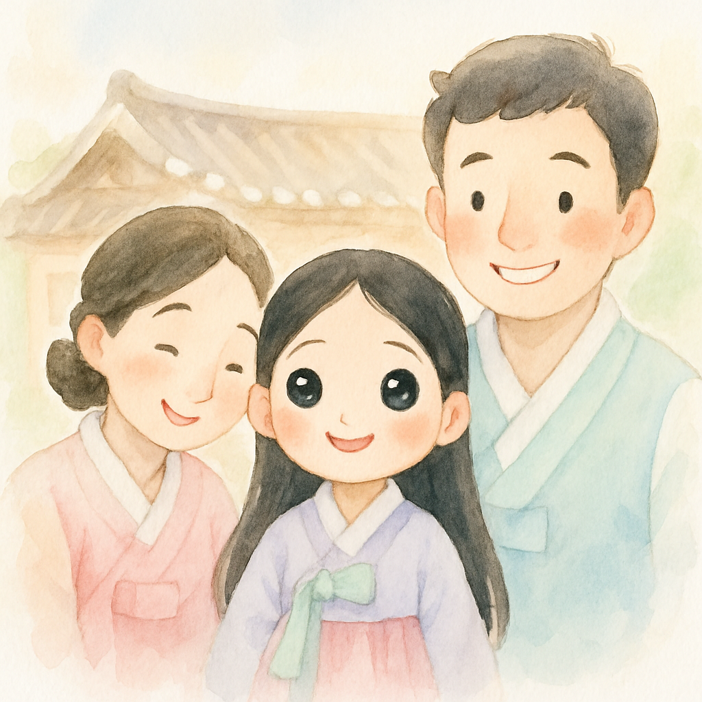 콩쥐가 엄마, 아빠와 함께 행복하게 사는 모습