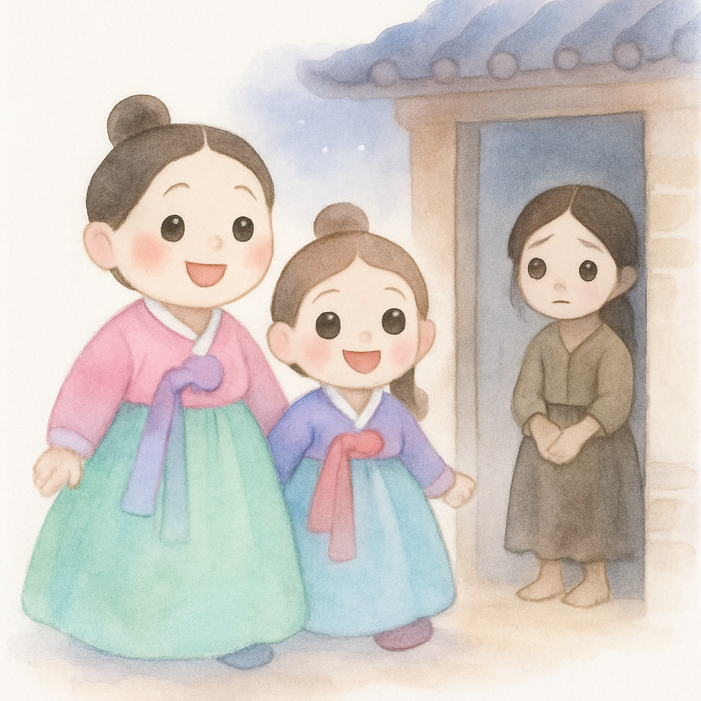 새 엄마와 팥쥐가 예쁘게 차려입고 잔치에 가고, 콩쥐는 혼자 남는 모습