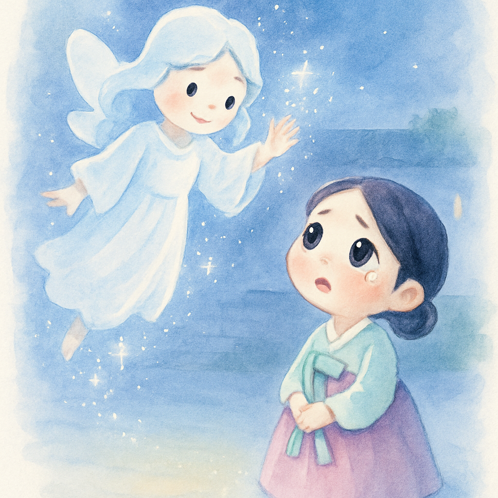 선녀가 하늘에서 내려와 콩쥐를 도와주는 모습