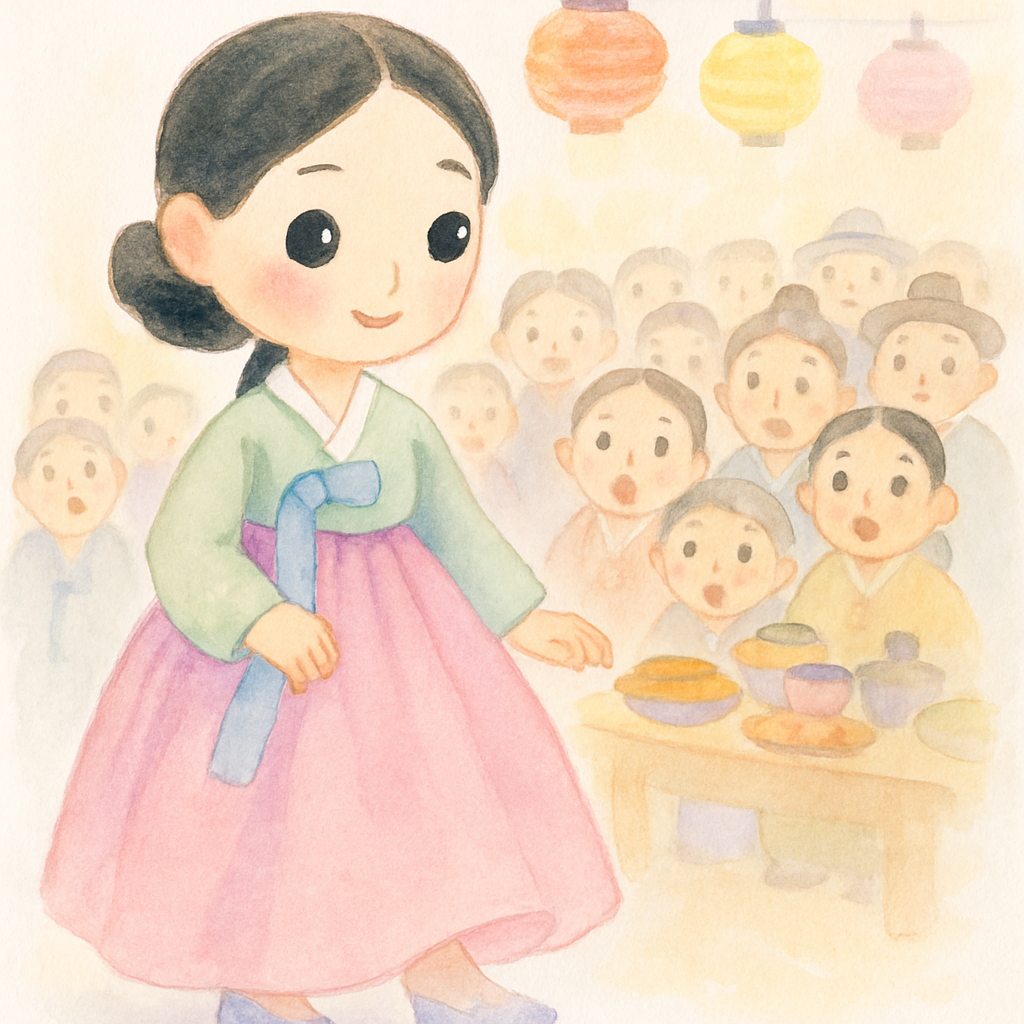 콩쥐가 예쁜 옷을 입고 잔치에서 사람들의 주목을 받는 모습