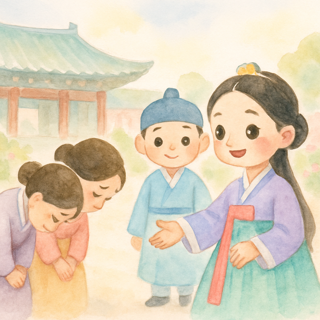 콩쥐가 궁궐에서 행복하게 살고, 새 엄마와 팥쥐도 용서받아 모두 함께 웃는 모습