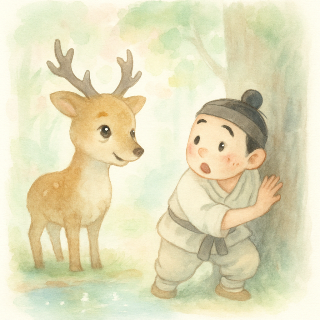 나무꾼에게 조언하는 사슴과 나무 뒤에 숨어서 지켜보는 나무꾼