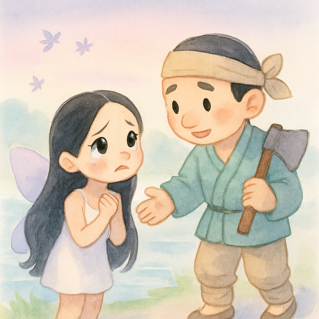 옷을 찾지 못해 걱정하는 선녀와 다가가는 나무꾼