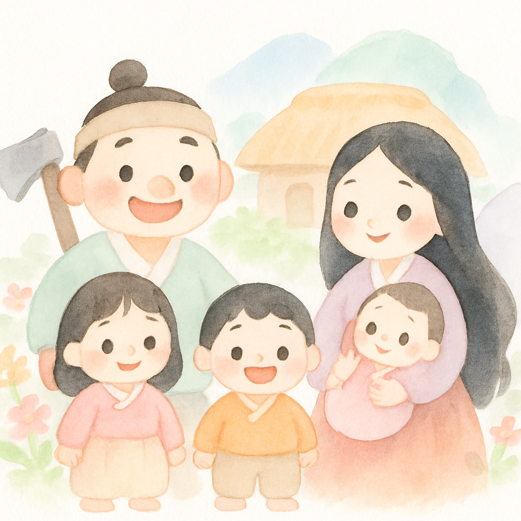 행복한 가족 - 나무꾼, 선녀, 세 아이들이 함께 있는 모습