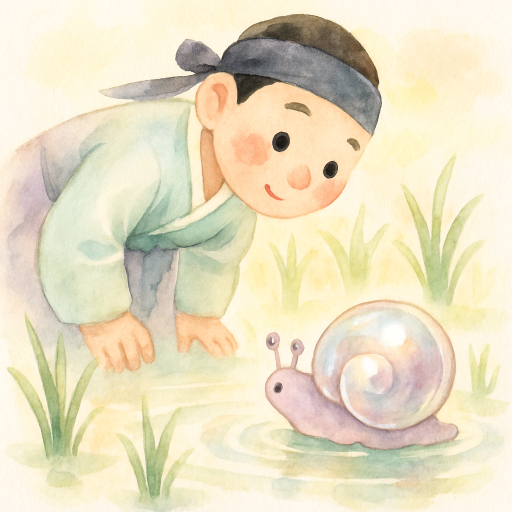 총각이 논에서 예쁜 우렁이를 발견하는 장면