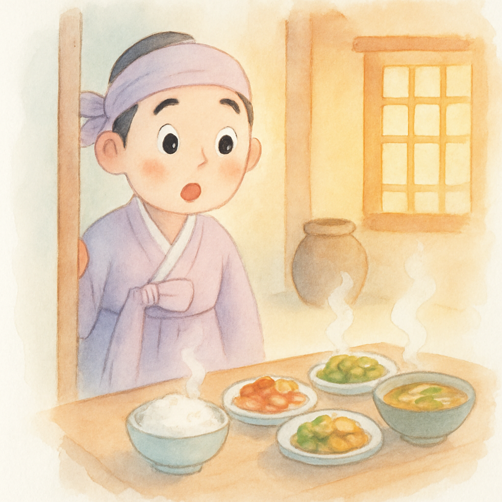 총각이 집에 돌아와 차려진 밥상을 발견하는 장면