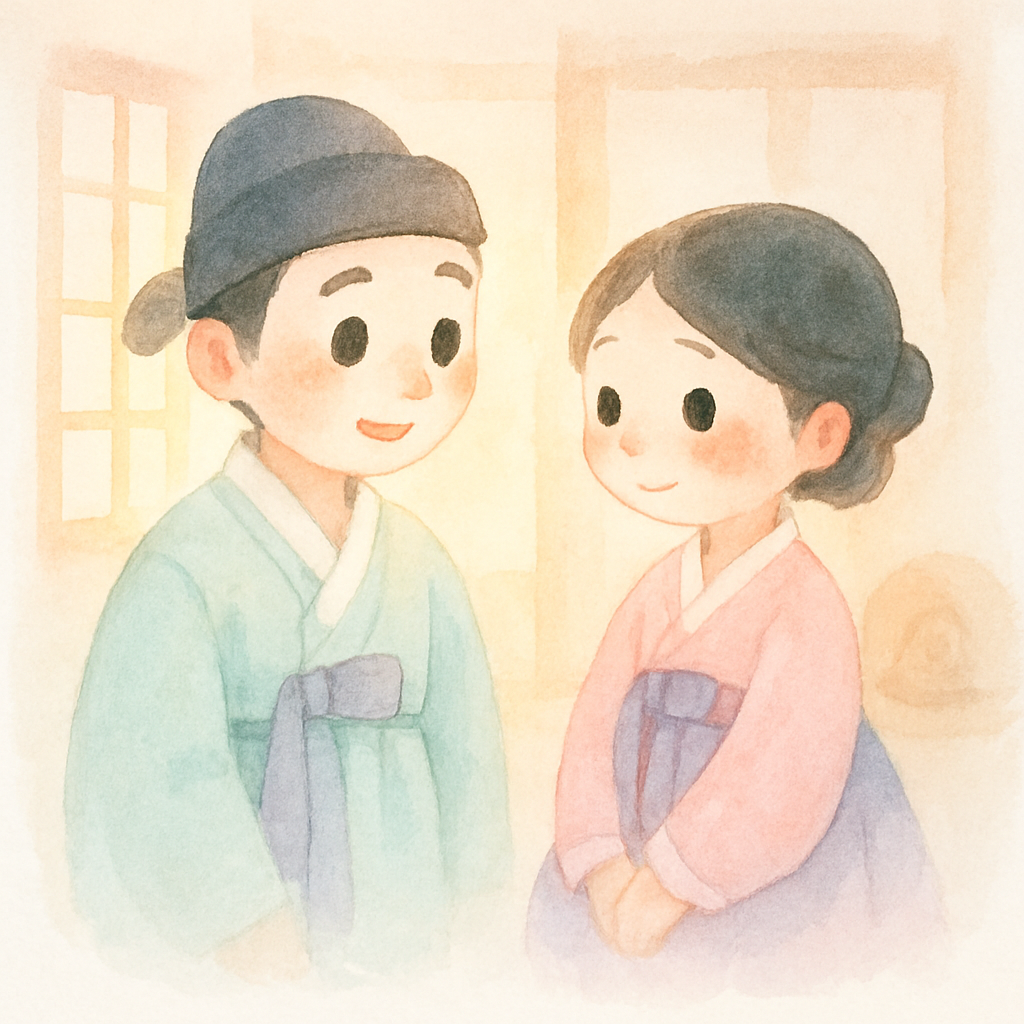 총각과 우렁 색시가 처음 만나 대화하는 장면