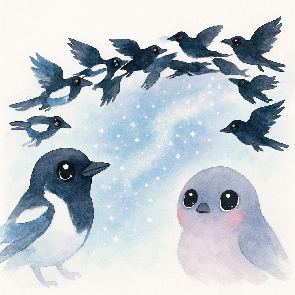 까치와 까마귀들이 은하수에 다리를 만드는 장면