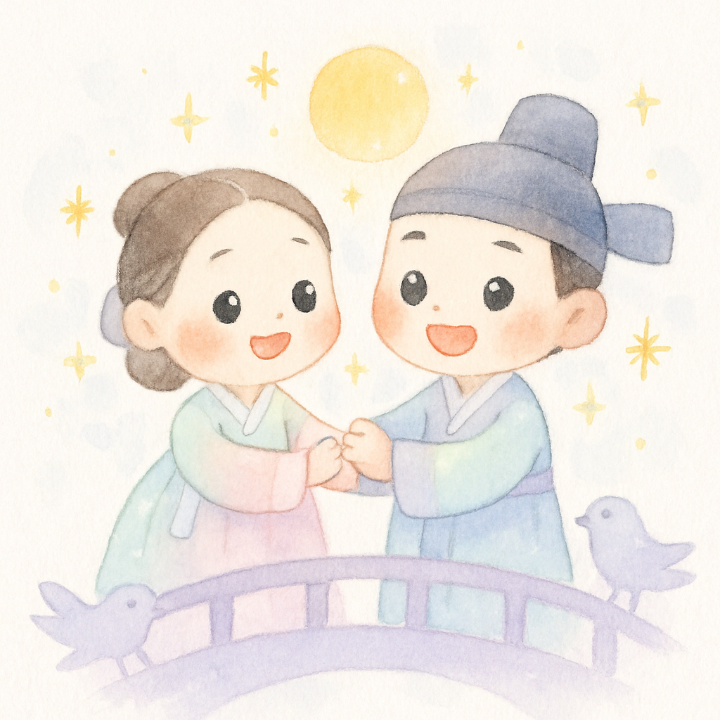 재회한 견우와 직녀가 손을 꼭 잡고 있는 모습