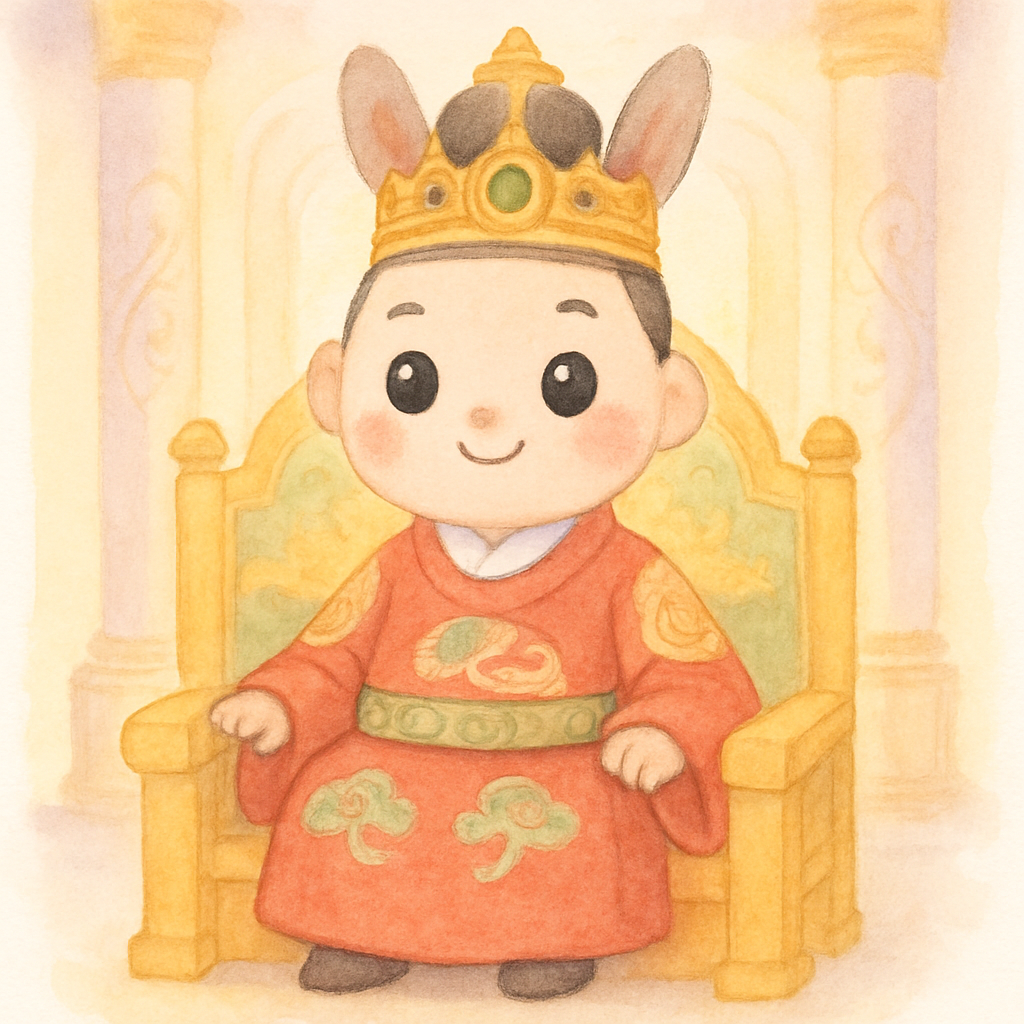 왕관을 쓴 임금님이 왕좌에 앉아 있고, 왕관 아래로 당나귀 귀가 살짝 보이는 장면