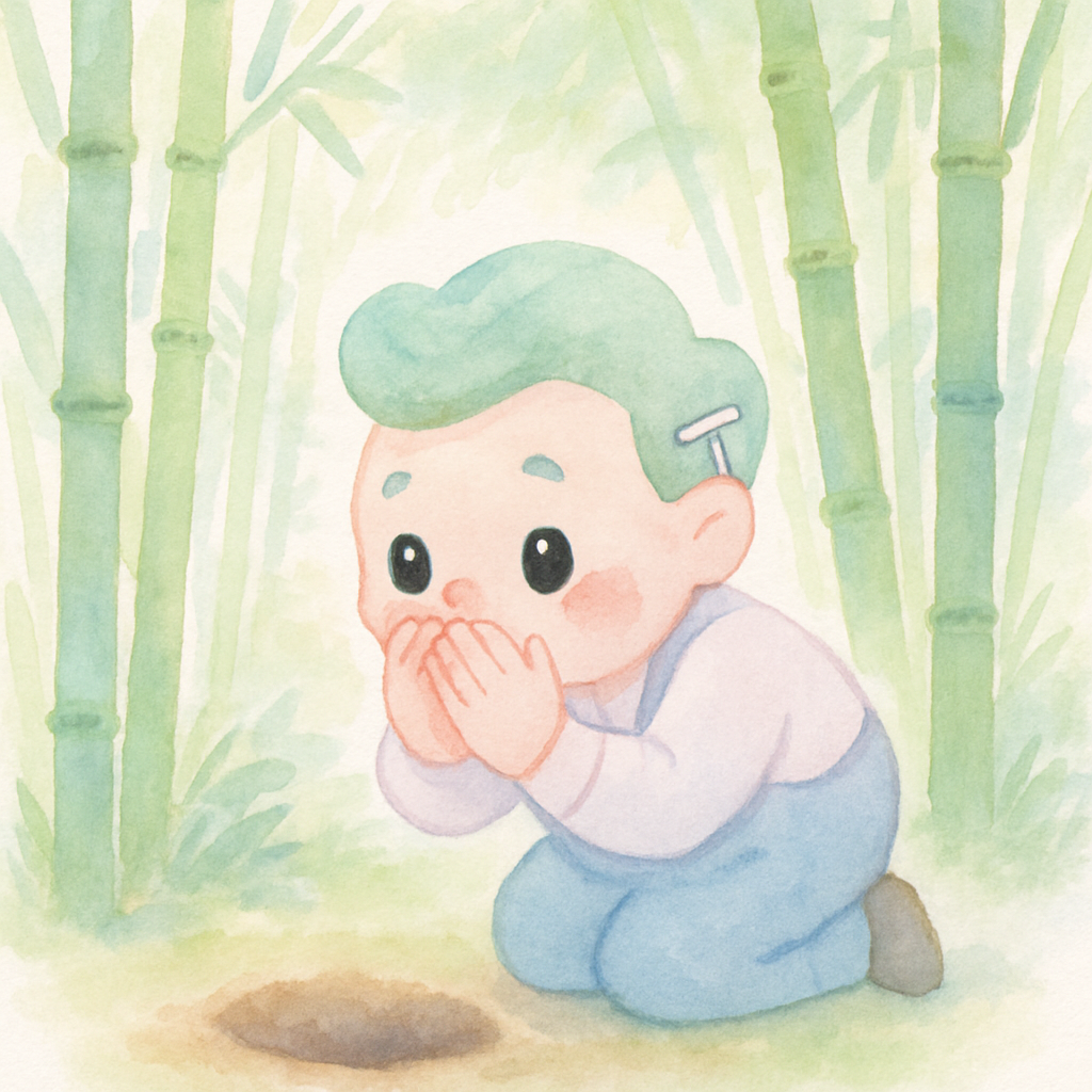 이발사 아저씨가 대나무 숲에서 땅에 구멍을 파고 비밀을 외치는 장면