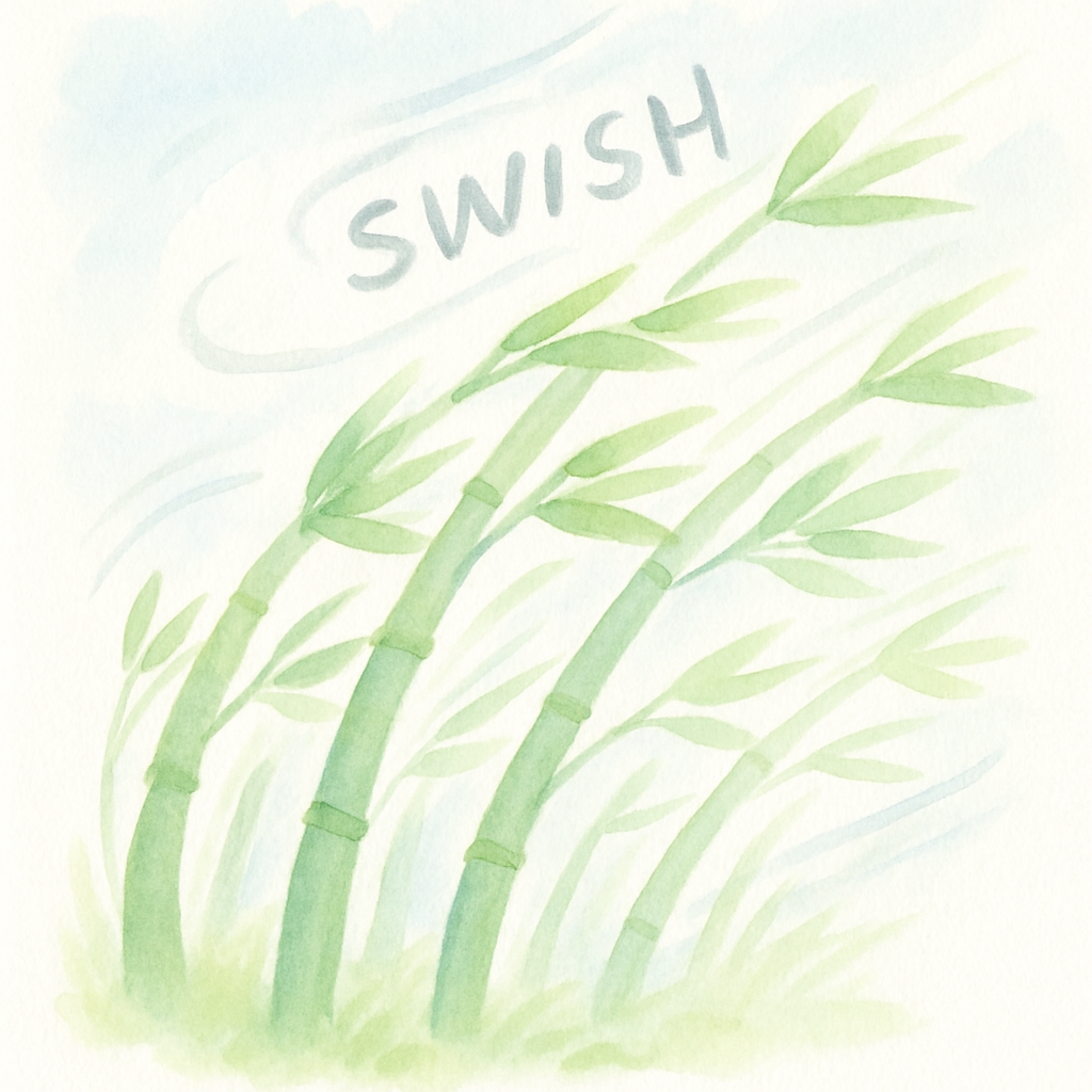 바람이 불고 대나무들이 흔들리며 비밀을 말하는 장면