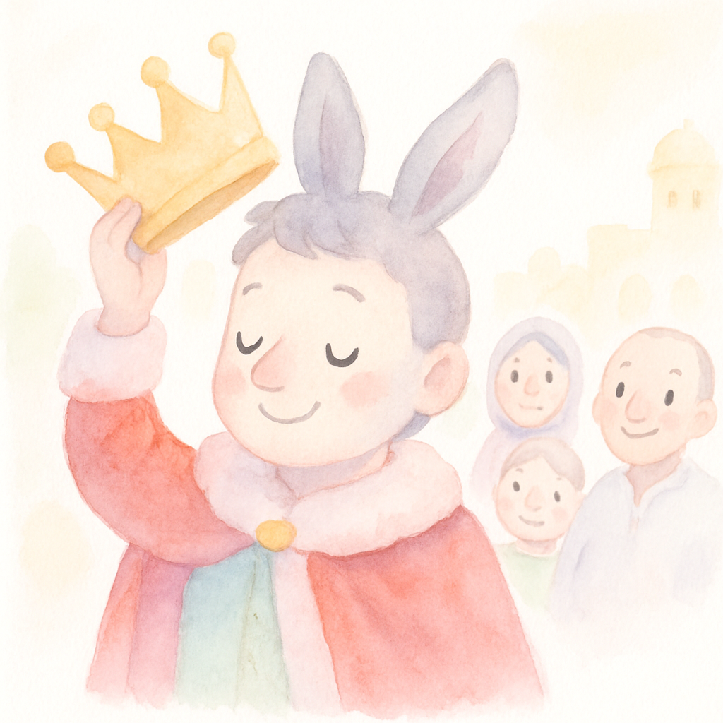 임금님이 왕관을 벗고 당나귀 귀를 드러내며 편안해하는 장면