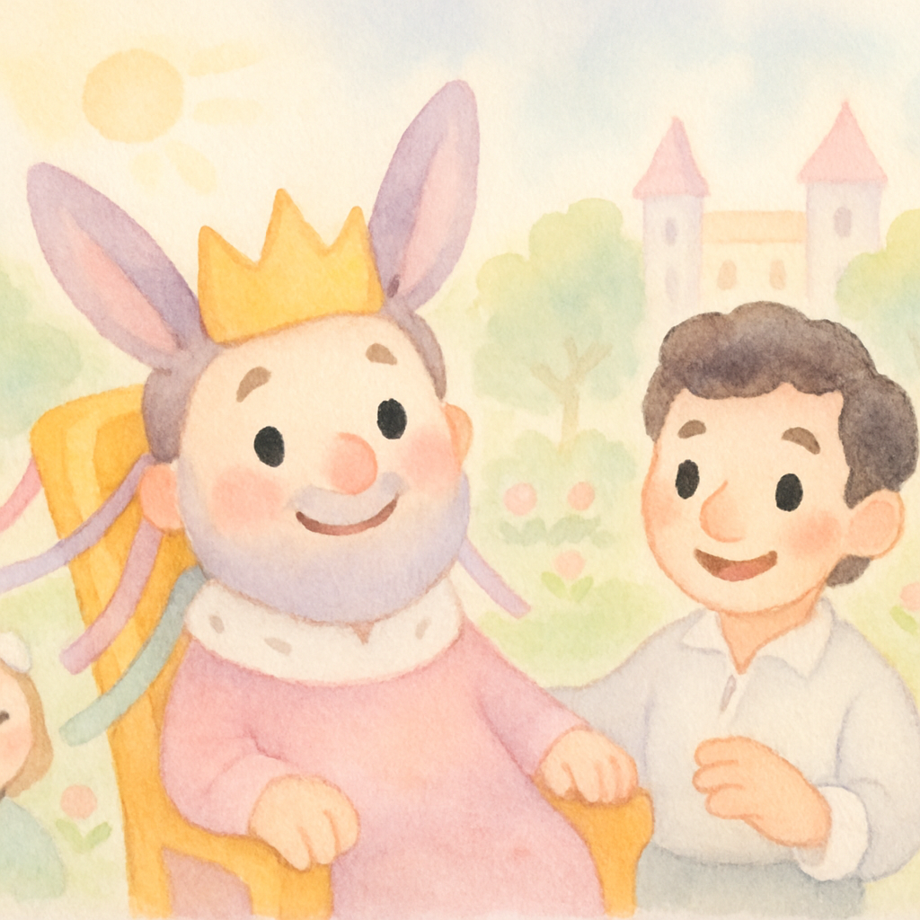 임금님이 당나귀 귀에 예쁜 리본을 묶고 모두가 행복하게 웃는 마지막 장면