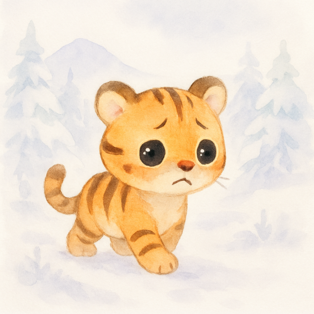 눈 덮인 산속에서 배고픈 호랑이가 걷고 있는 장면