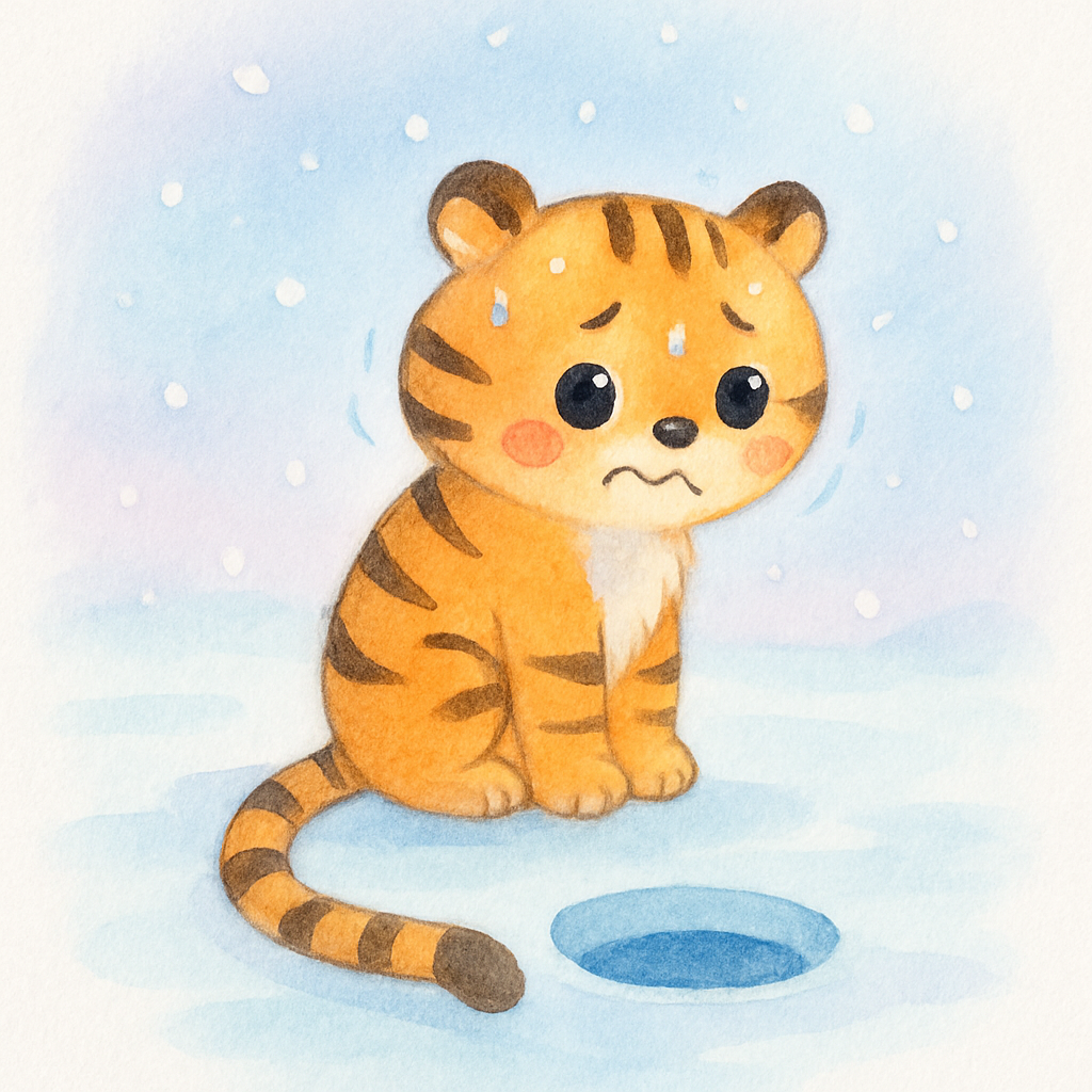 호랑이가 얼음 구멍에 꼬리를 넣고 낚시하는 장면