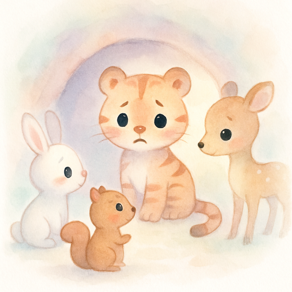 산속 친구들(토끼, 다람쥐, 사슴)이 호랑이를 걱정하며 찾아온 장면