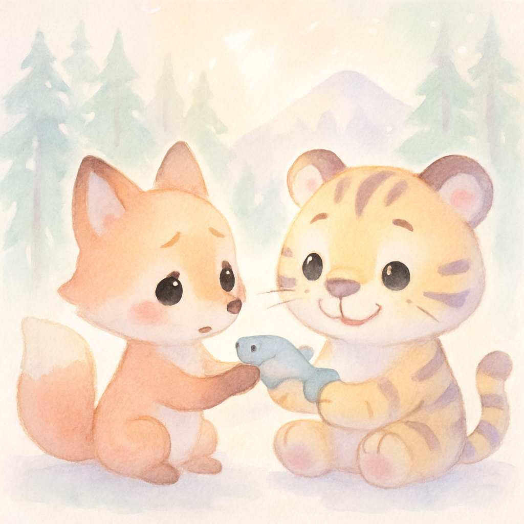 여우가 미안해하며 호랑이에게 생선을 건네고 함께 나눠 먹는 화해 장면