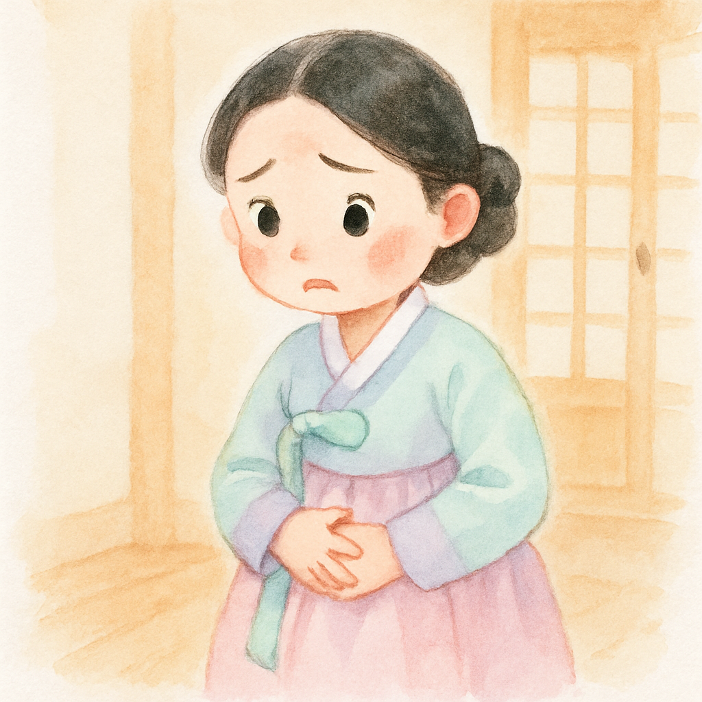 예쁜 아가씨가 방귀 소리 때문에 고민하는 장면