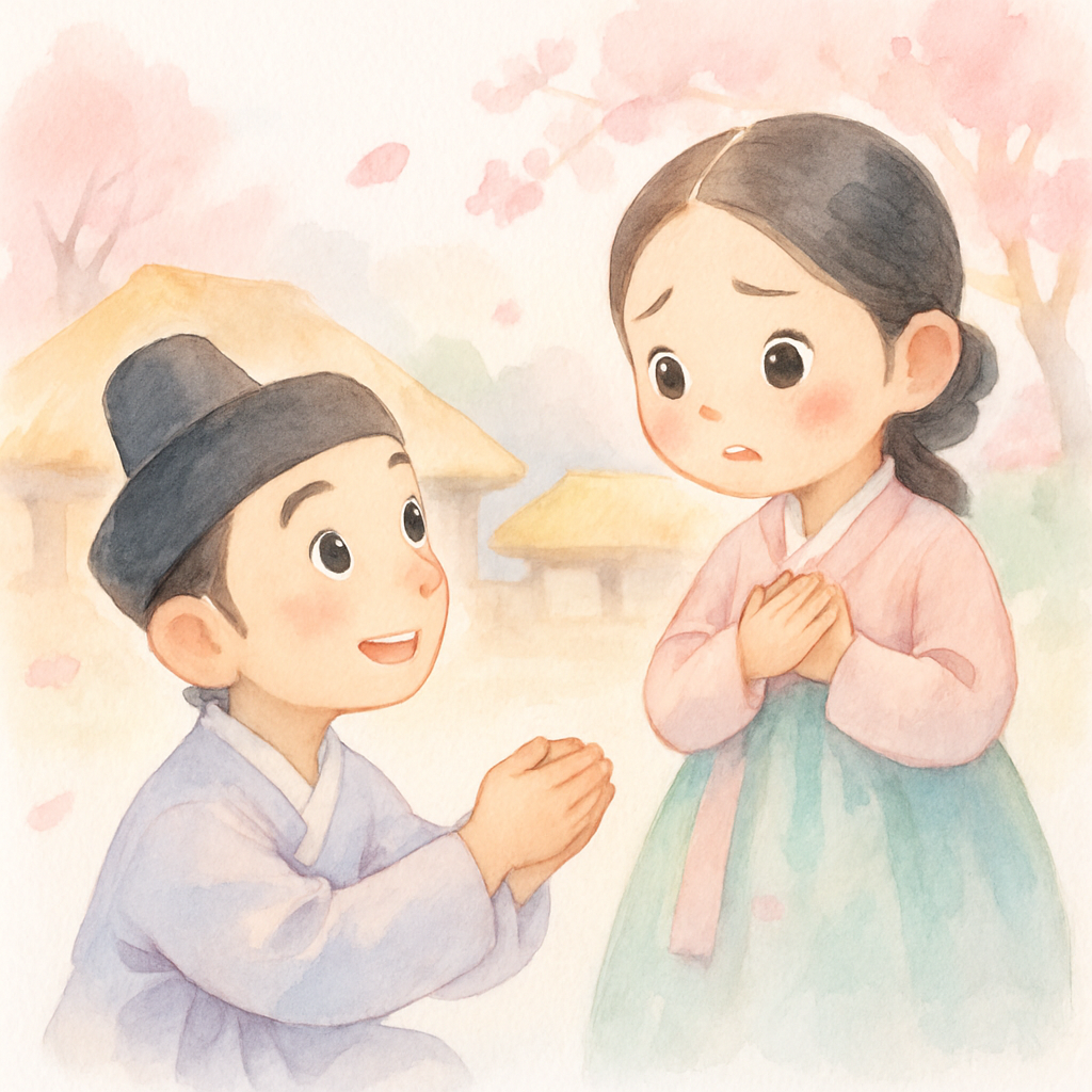 총각이 아가씨에게 청혼하고 아가씨가 기쁘면서도 걱정하는 장면