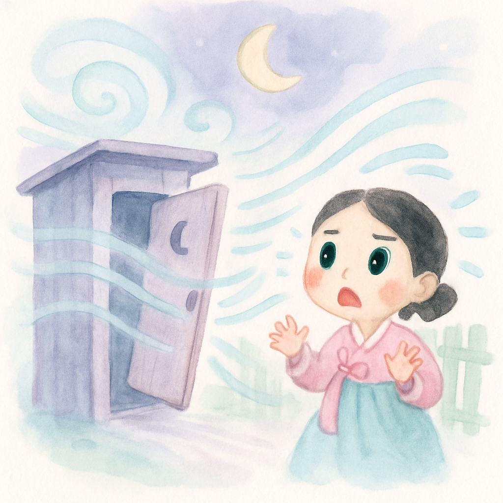 밤에 며느리가 뒷간으로 가서 큰 방귀를 뀌어 문이 날아가는 장면