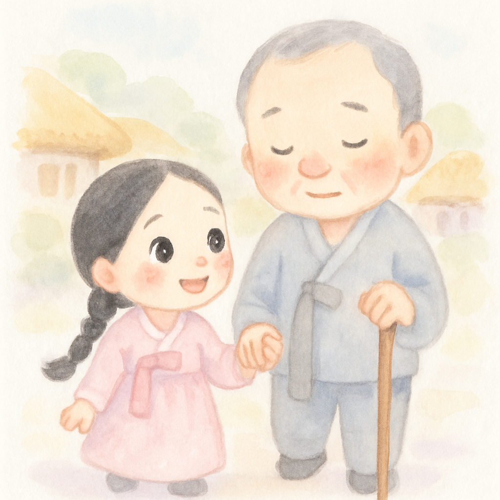 심청이가 눈 먼 아빠의 손을 잡고 걷는 장면