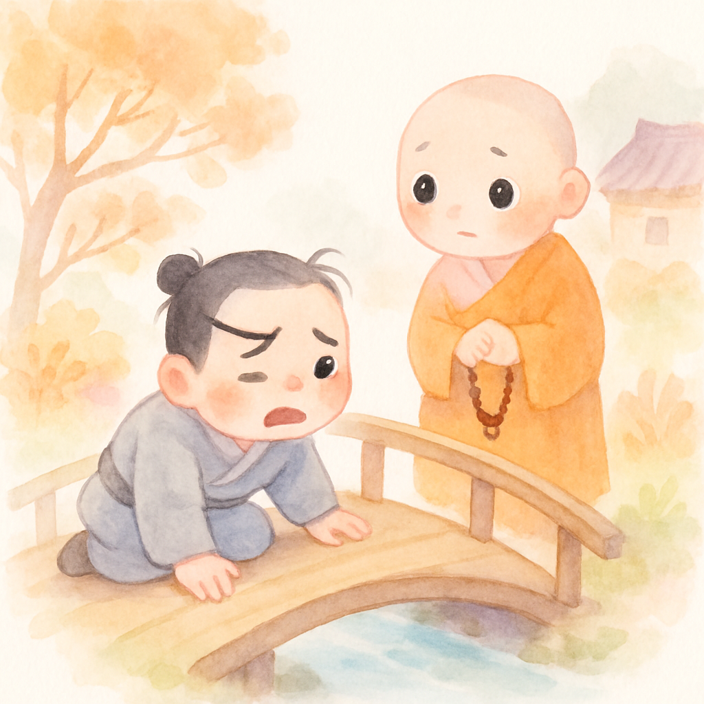 아빠가 다리에서 넘어지고 스님이 나타나는 장면