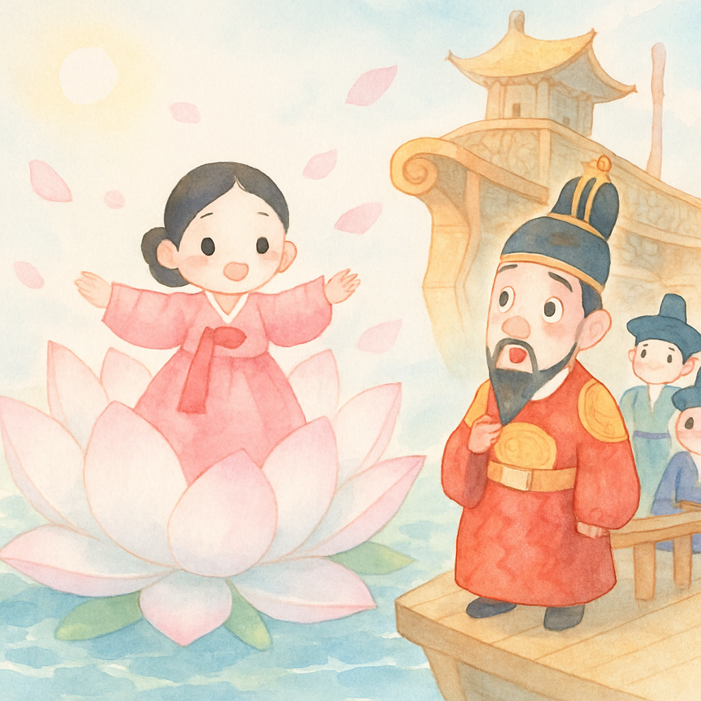 연꽃에서 나온 심청이를 임금님이 발견하는 장면