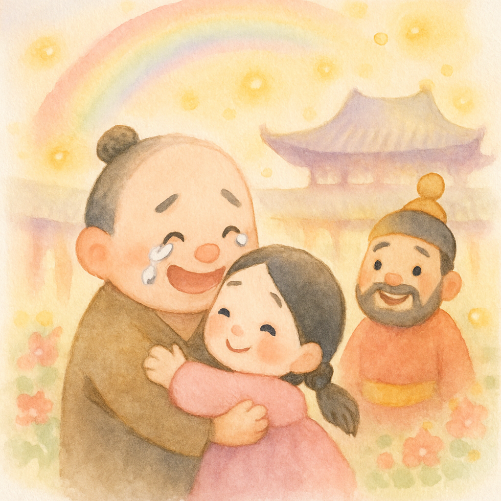 아빠의 눈이 떠지고 행복한 결말 장면