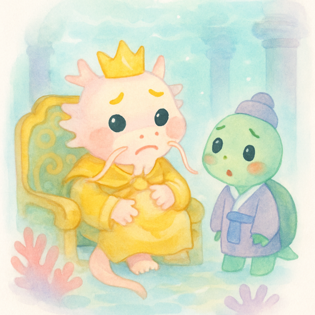 용궁에서 병으로 아파하는 용왕님과 걱정스럽게 지켜보는 거북이